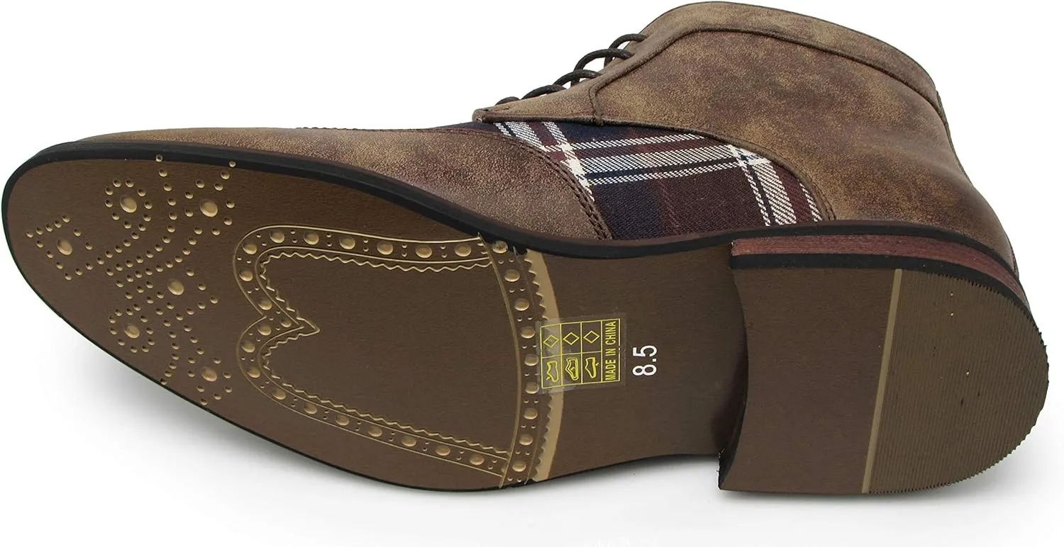 Titan04 Men Spectator Tweed Plaid Two Tone Chukka Ankle Wingtips Oxfords Dress Boots Perforated Lace Up Dress Shoes