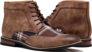 Titan04 Men Spectator Tweed Plaid Two Tone Chukka Ankle Wingtips Oxfords Dress Boots Perforated Lace Up Dress Shoes