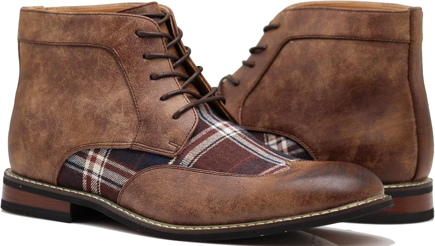 Titan04 Men Spectator Tweed Plaid Two Tone Chukka Ankle Wingtips Oxfords Dress Boots Perforated Lace Up Dress Shoes