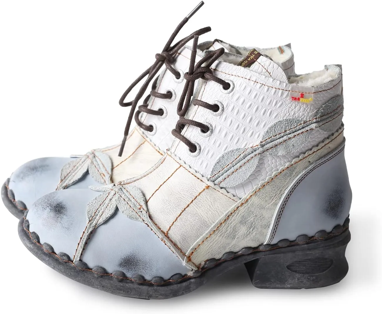 TMA EYES Textured Leather Patchwork Washed Leather Lace-Up Women's Ankle boots
