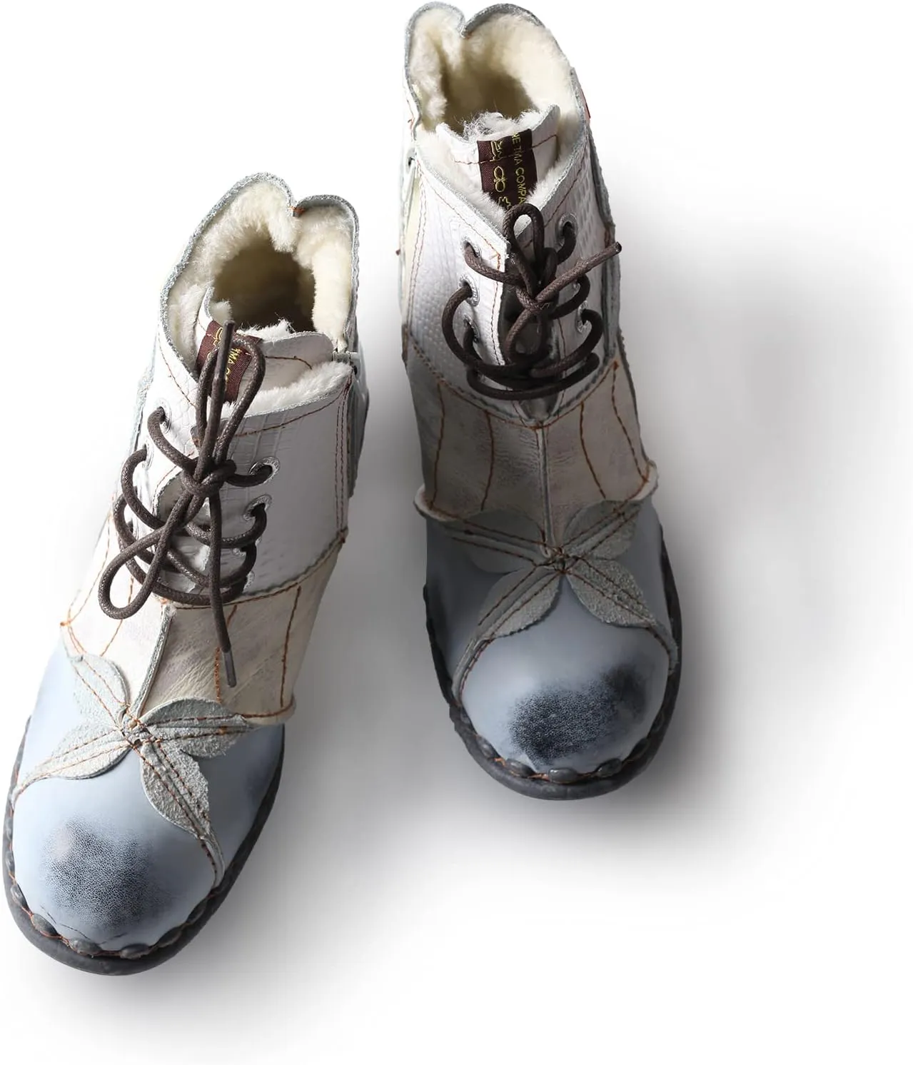 TMA EYES Textured Leather Patchwork Washed Leather Lace-Up Women's Ankle boots