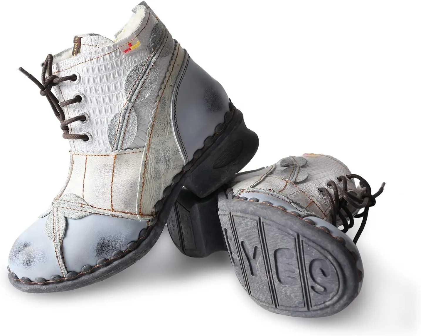 TMA EYES Textured Leather Patchwork Washed Leather Lace-Up Women's Ankle boots