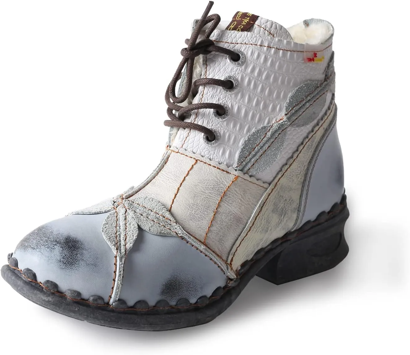 TMA EYES Textured Leather Patchwork Washed Leather Lace-Up Women's Ankle boots