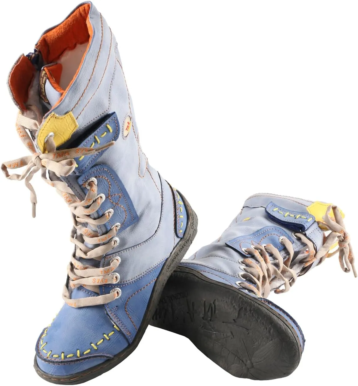 TMA EYES Women's Leather Casual Mid-Calf Boots Fashion Non-slip and Patchwork With Handstitching upper Boots