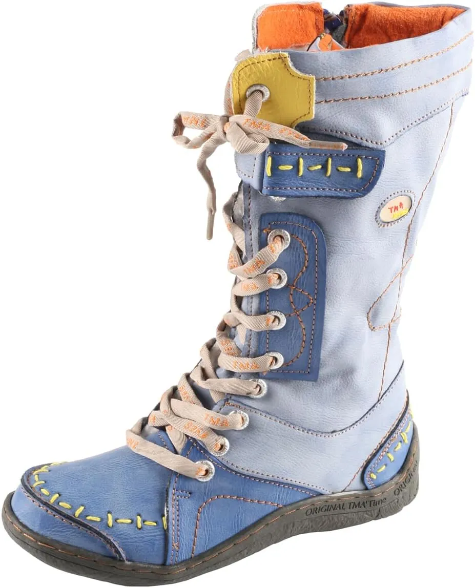 TMA EYES Women's Leather Casual Mid-Calf Boots Fashion Non-slip and Patchwork With Handstitching upper Boots