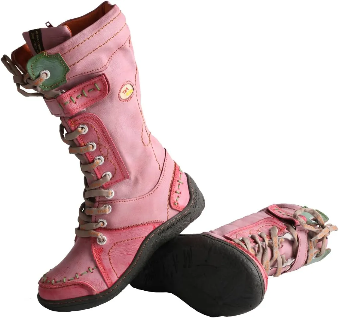 TMA EYES Women's Leather Casual Mid-Calf Boots Fashion Non-slip and Patchwork With Handstitching upper Boots