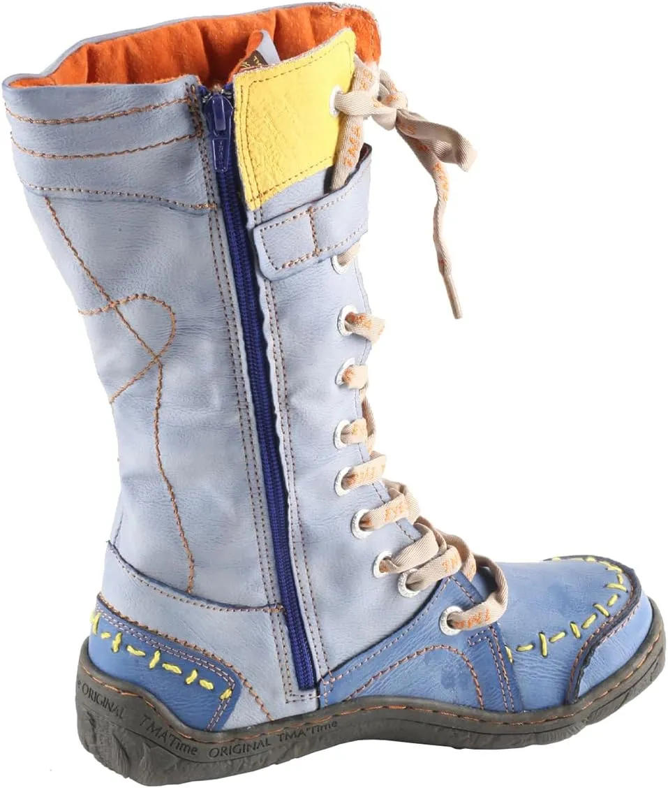 TMA EYES Women's Leather Casual Mid-Calf Boots Fashion Non-slip and Patchwork With Handstitching upper Boots