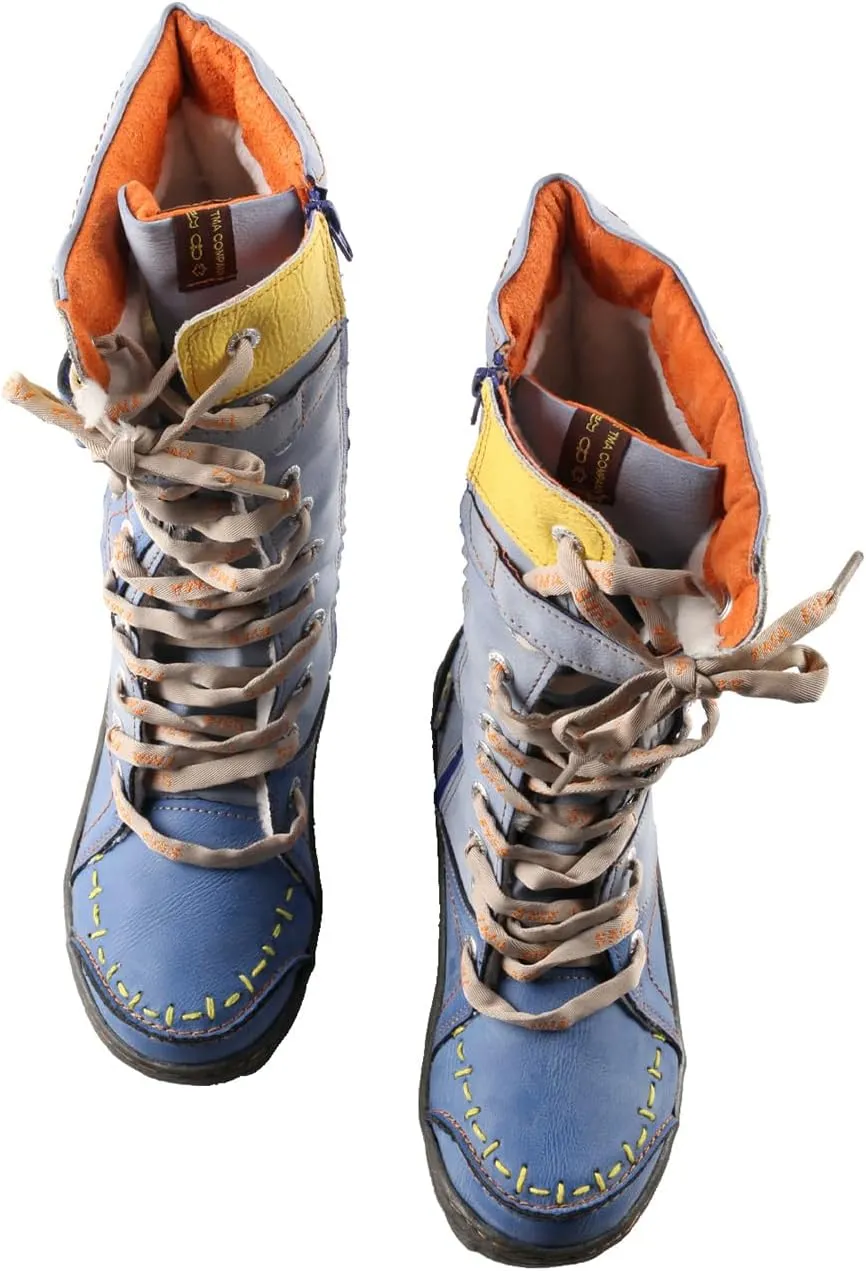 TMA EYES Women's Leather Casual Mid-Calf Boots Fashion Non-slip and Patchwork With Handstitching upper Boots