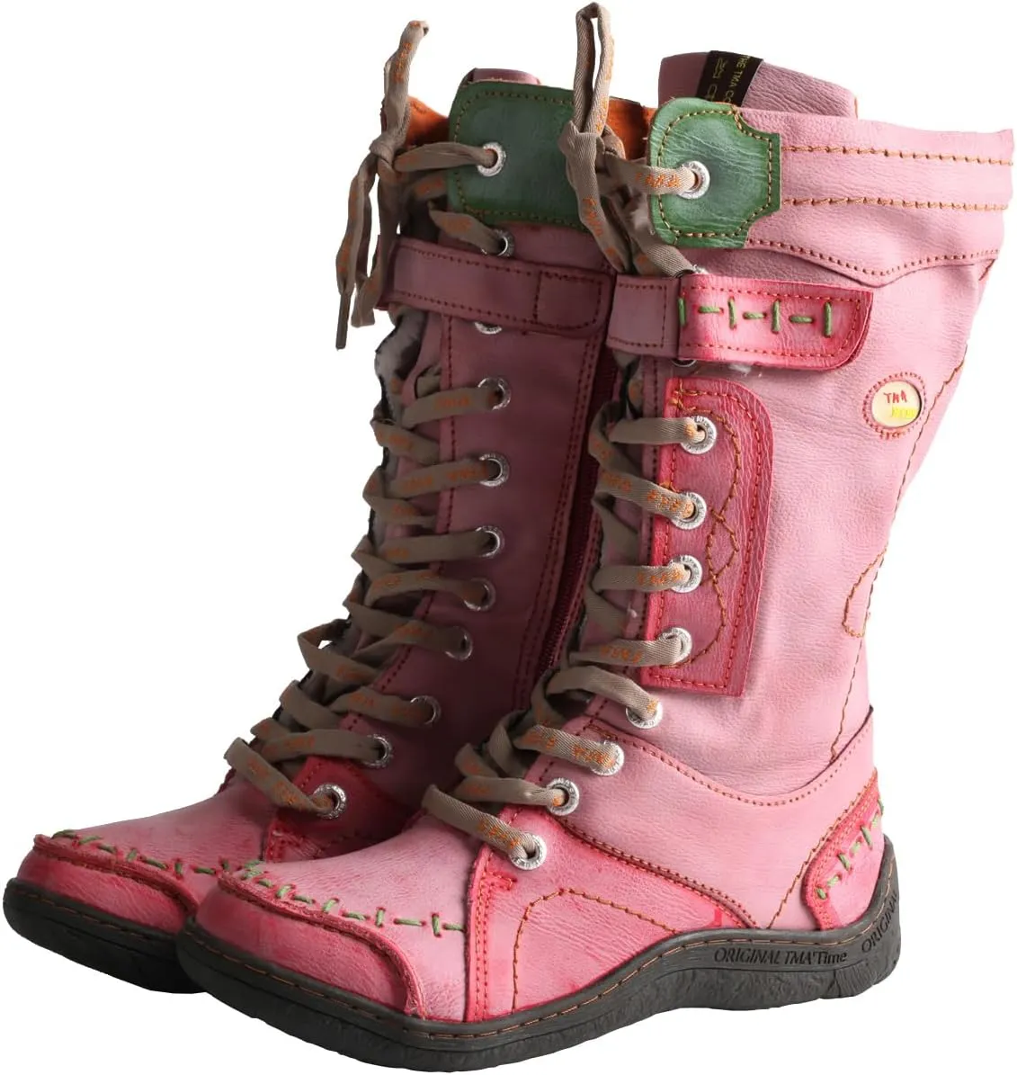 TMA EYES Women's Leather Casual Mid-Calf Boots Fashion Non-slip and Patchwork With Handstitching upper Boots