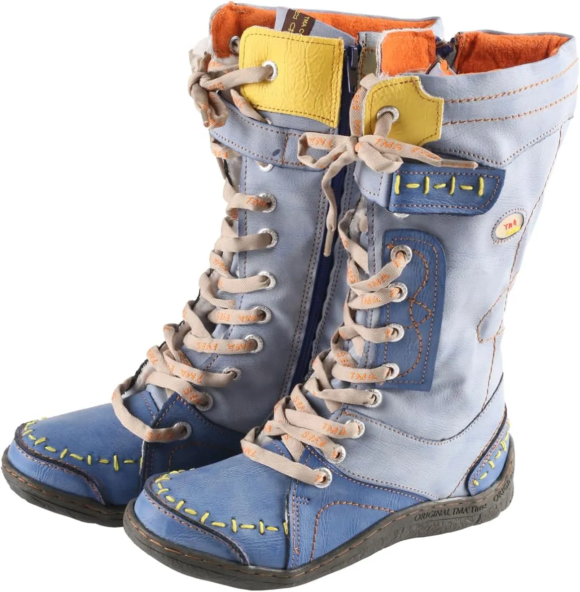TMA EYES Women's Leather Casual Mid-Calf Boots Fashion Non-slip and Patchwork With Handstitching upper Boots