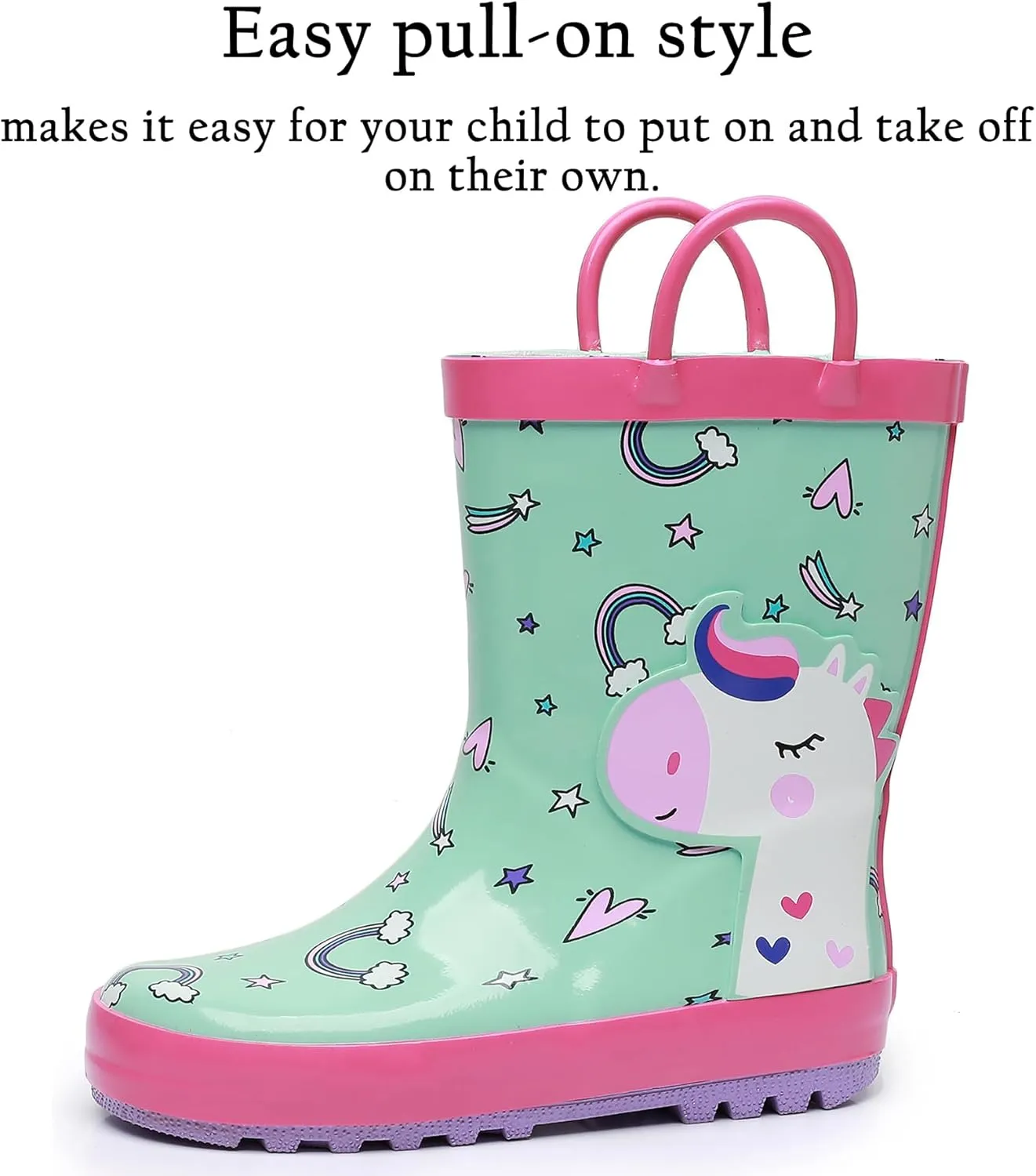 Toddler Rain Boots for Boys and Girls Waterproof Rubber Kids Rain Boots with Easy on Handles All-season