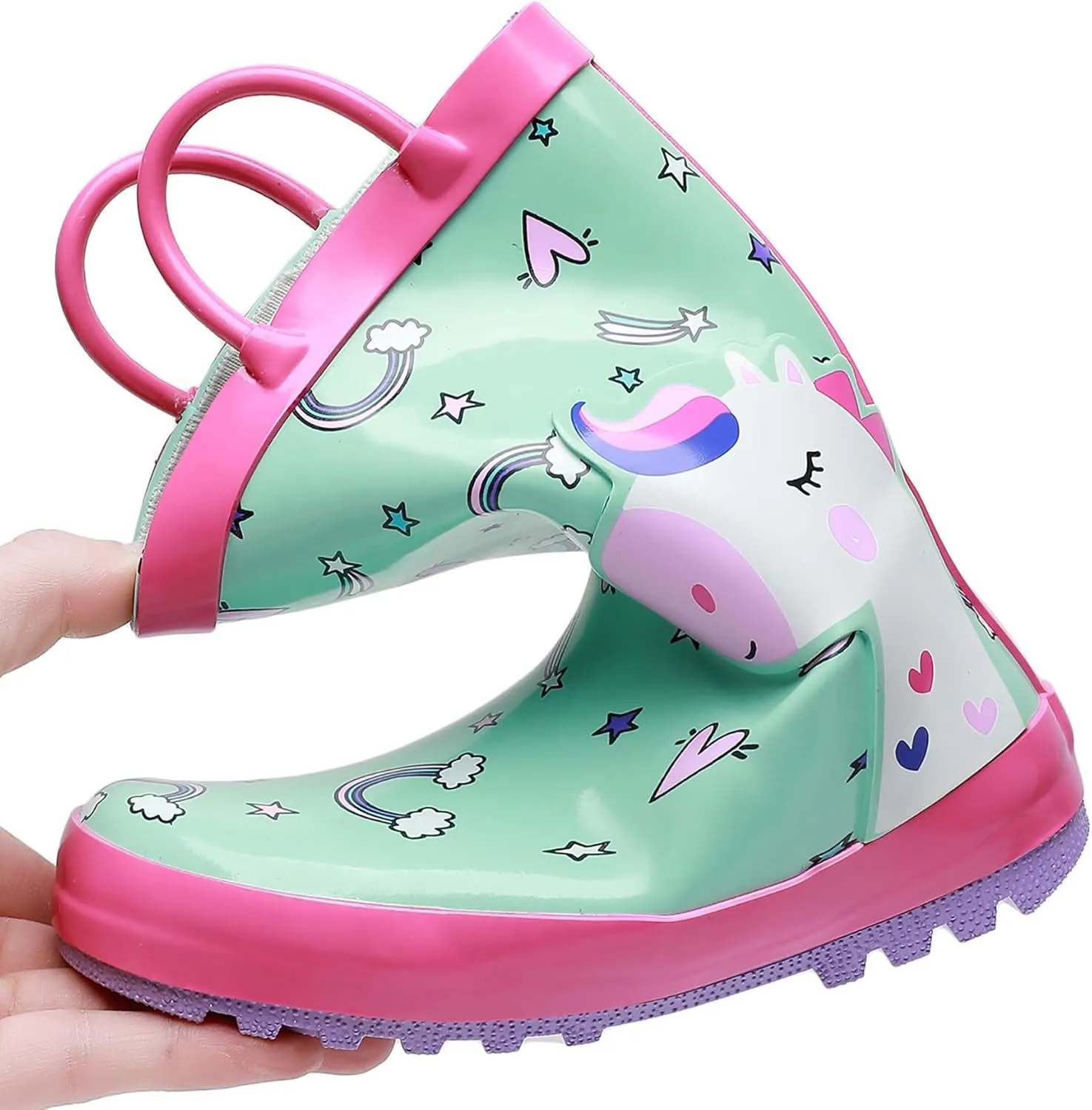 Toddler Rain Boots for Boys and Girls Waterproof Rubber Kids Rain Boots with Easy on Handles All-season