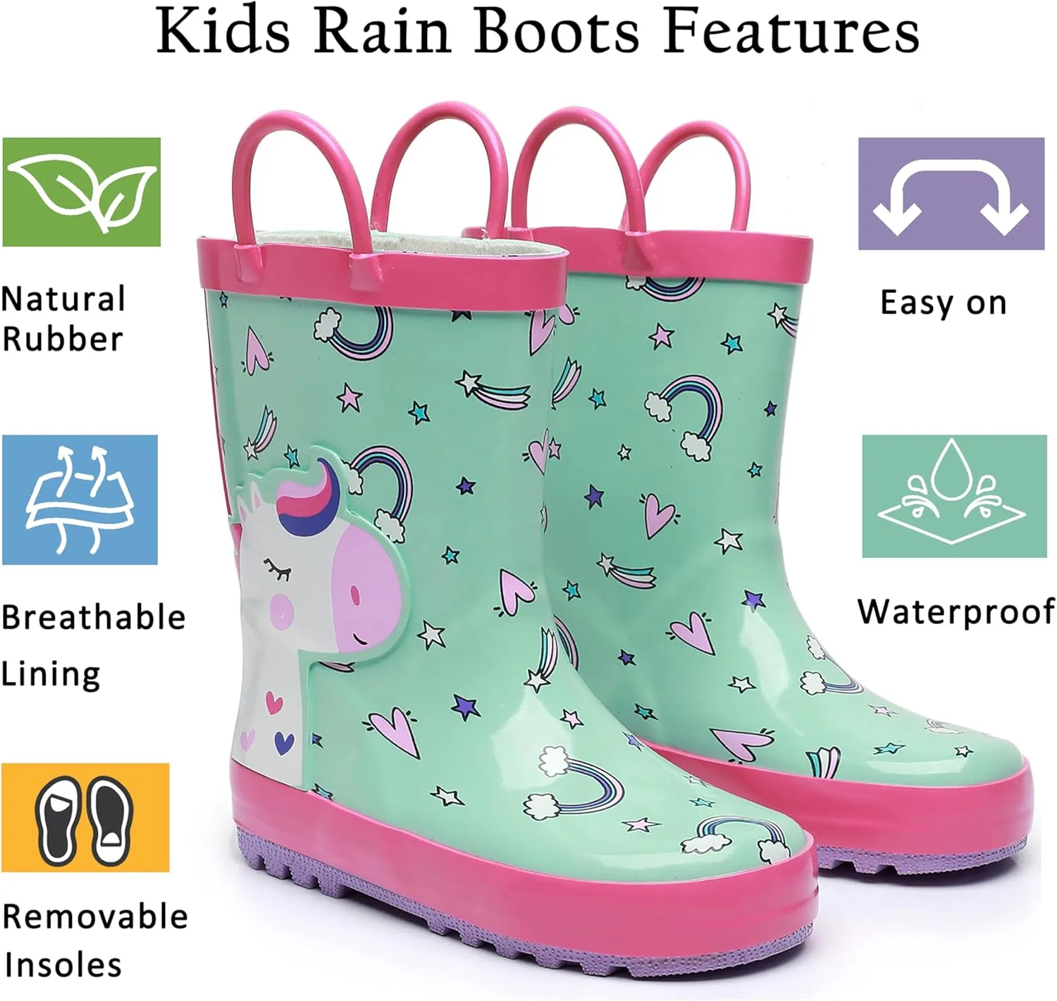 Toddler Rain Boots for Boys and Girls Waterproof Rubber Kids Rain Boots with Easy on Handles All-season