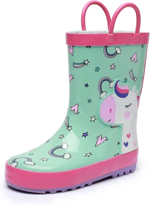 Toddler Rain Boots for Boys and Girls Waterproof Rubber Kids Rain Boots with Easy on Handles All-season