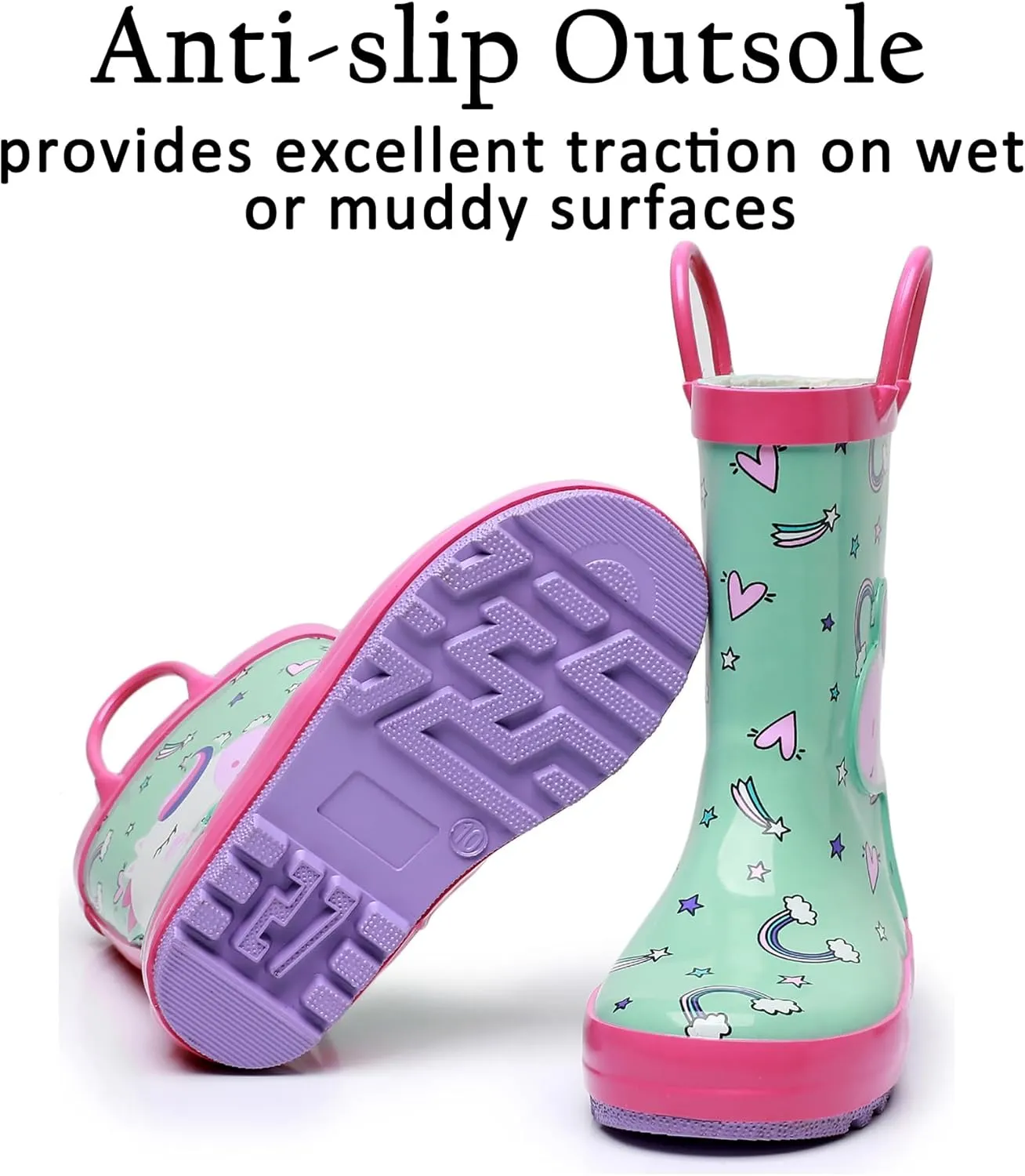 Toddler Rain Boots for Boys and Girls Waterproof Rubber Kids Rain Boots with Easy on Handles All-season