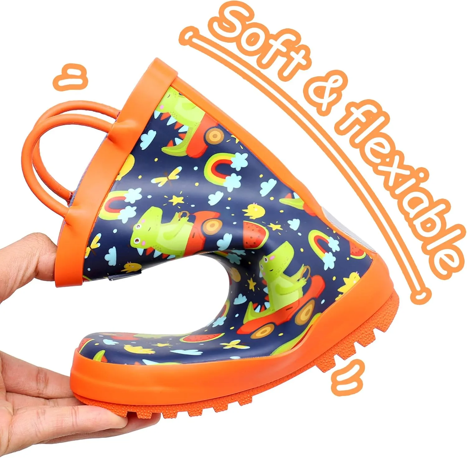 Toddler Rain Boots with Easy-On Handles, Waterproof Rubber Kids Rain Boots for Girls and Boys, in Fun Printed & Colors Unisex-Child Outdoor Rain Boots