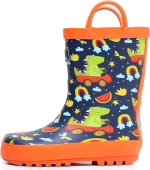 Toddler Rain Boots with Easy-On Handles, Waterproof Rubber Kids Rain Boots for Girls and Boys, in Fun Printed & Colors Unisex-Child Outdoor Rain Boots