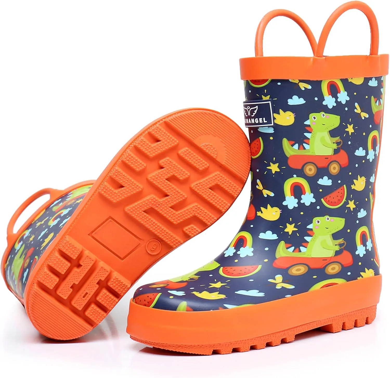 Toddler Rain Boots with Easy-On Handles, Waterproof Rubber Kids Rain Boots for Girls and Boys, in Fun Printed & Colors Unisex-Child Outdoor Rain Boots