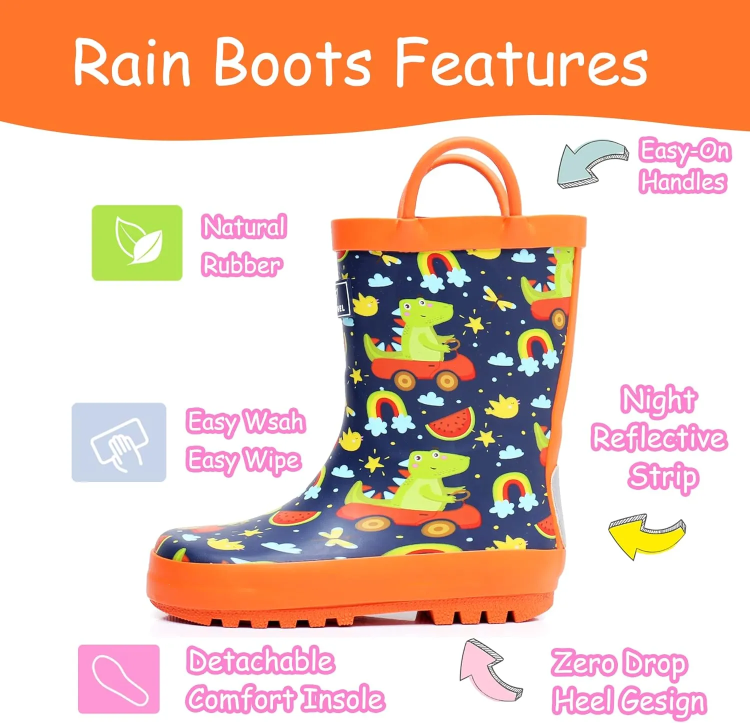 Toddler Rain Boots with Easy-On Handles, Waterproof Rubber Kids Rain Boots for Girls and Boys, in Fun Printed & Colors Unisex-Child Outdoor Rain Boots