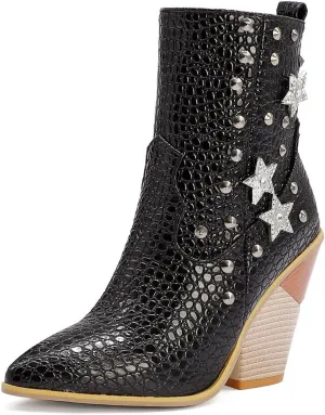 Tokouk Women's Crocodile Printed Rivet Studded Chunky High Heel Ankle Boots With Side Zipper,Sexy Pointed Toe Wedding party Cowgirl Short Boots Dress Chelsea Booties