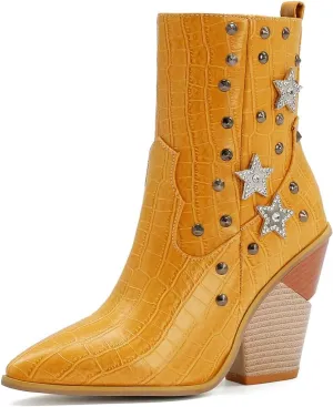 Tokouk Women's Crocodile Printed Rivet Studded Chunky High Heel Ankle Boots With Side Zipper,Sexy Pointed Toe Wedding party Cowgirl Short Boots Dress Chelsea Booties
