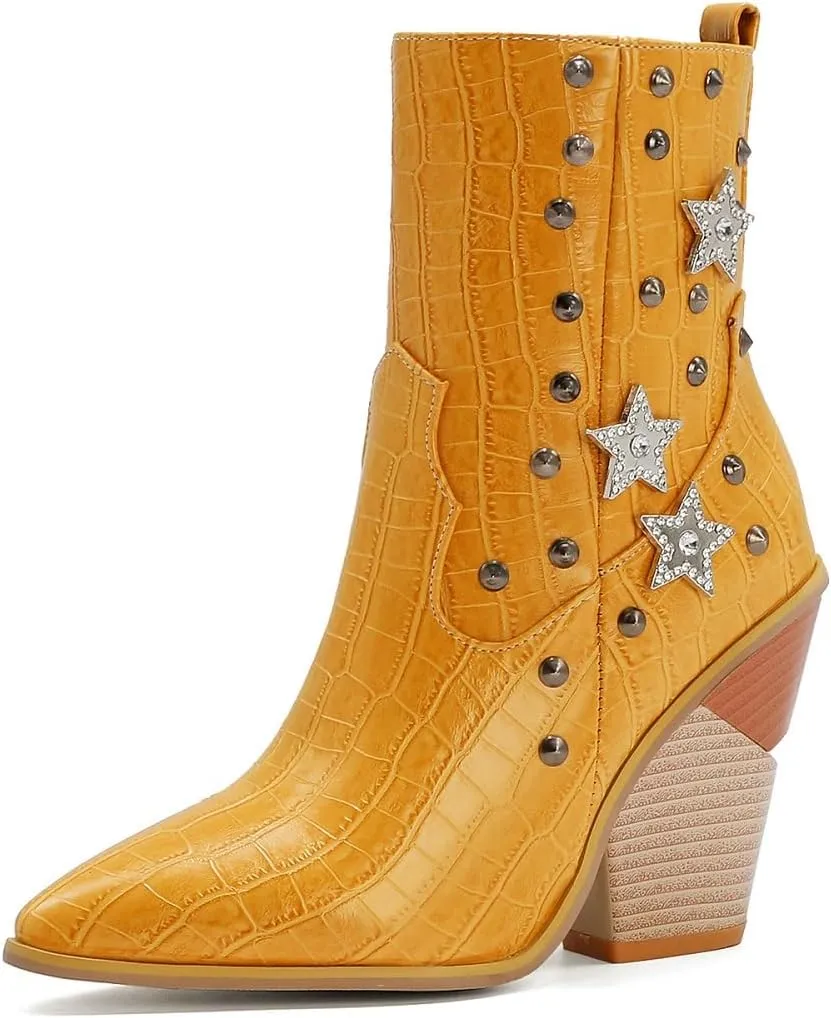 Tokouk Women's Crocodile Printed Rivet Studded Chunky High Heel Ankle Boots With Side Zipper,Sexy Pointed Toe Wedding party Cowgirl Short Boots Dress Chelsea Booties