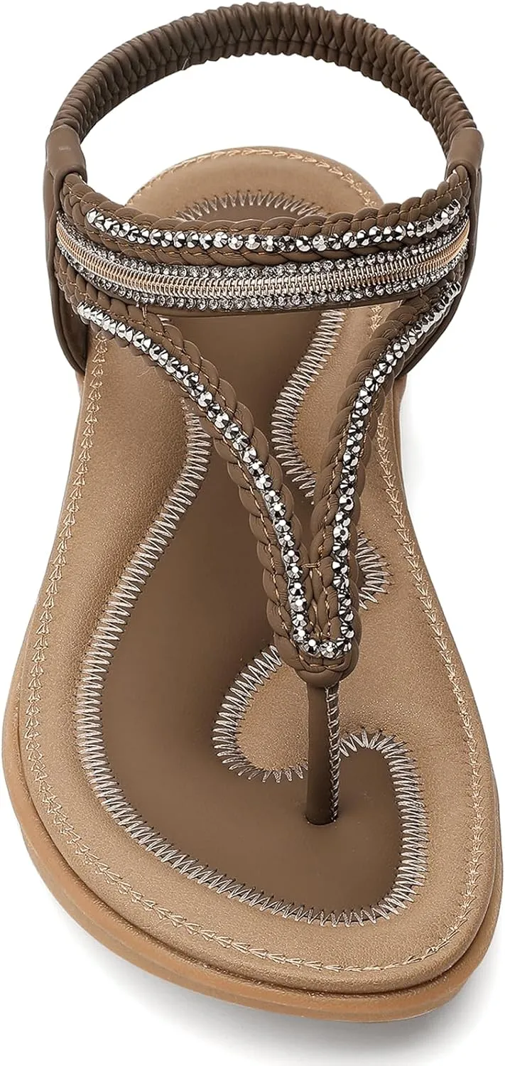 UBFEN Womens Bohemian Flat Sandals With Back Strap Summer Beach Comfortable Bling