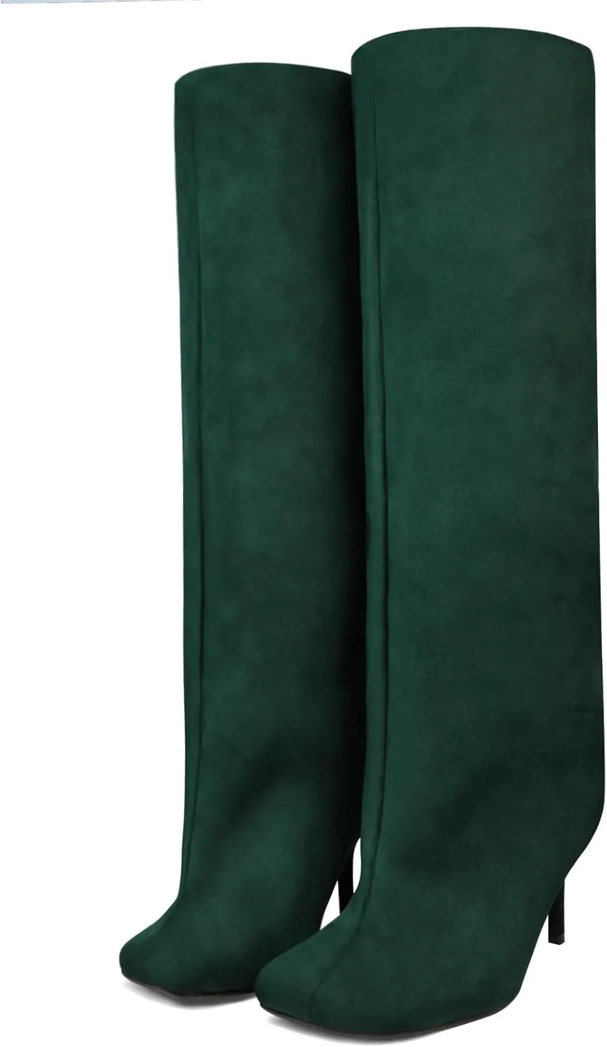 UBWDU Women's Suede Knee High Boots Square Toe Stiletto Heels Wide Calf Tall Boots