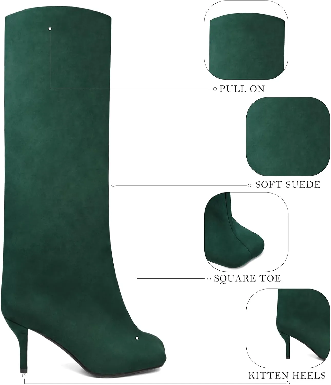UBWDU Women's Suede Knee High Boots Square Toe Stiletto Heels Wide Calf Tall Boots