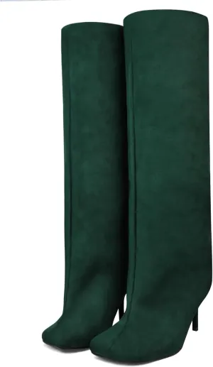 UBWDU Women's Suede Knee High Boots Square Toe Stiletto Heels Wide Calf Tall Boots