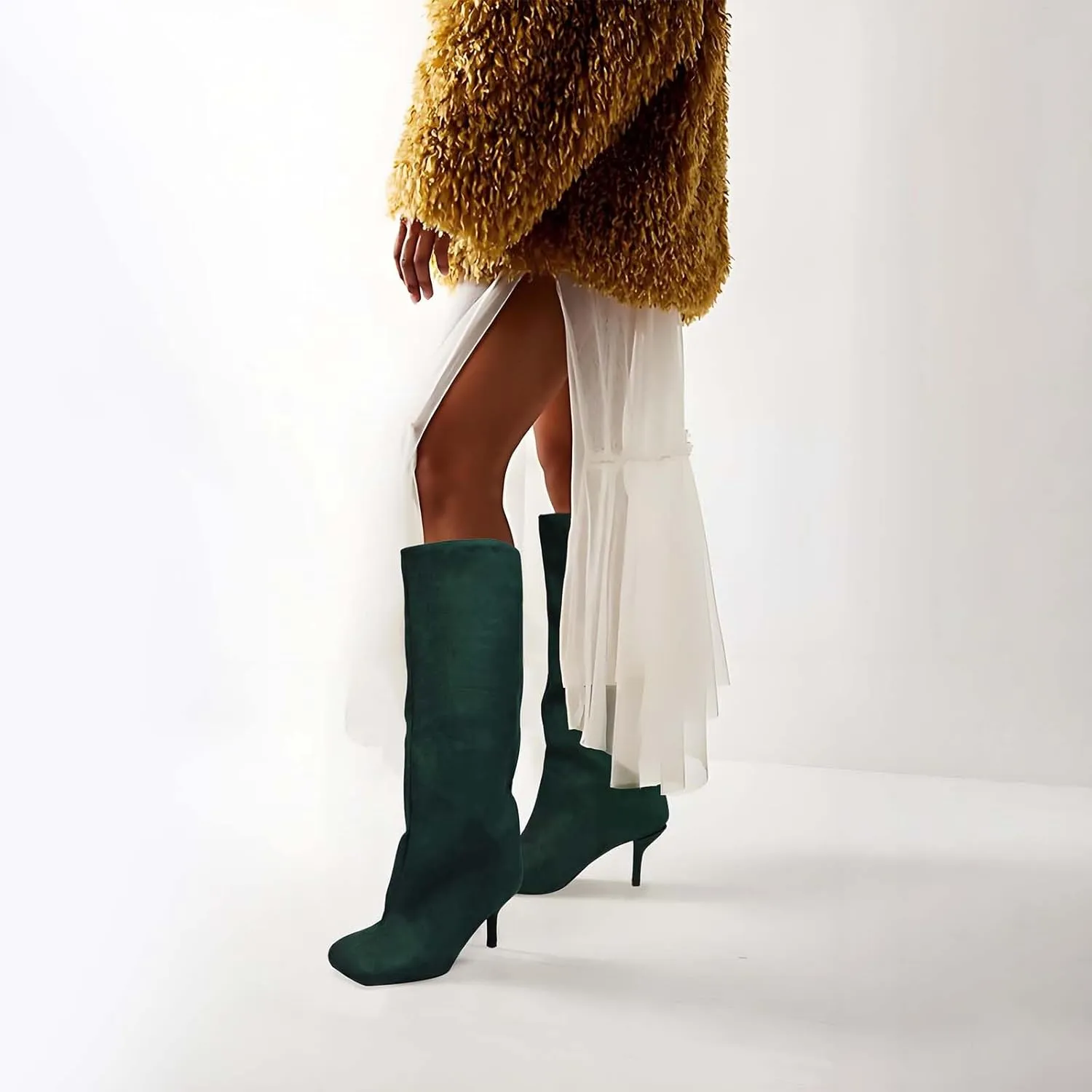 UBWDU Women's Suede Knee High Boots Square Toe Stiletto Heels Wide Calf Tall Boots