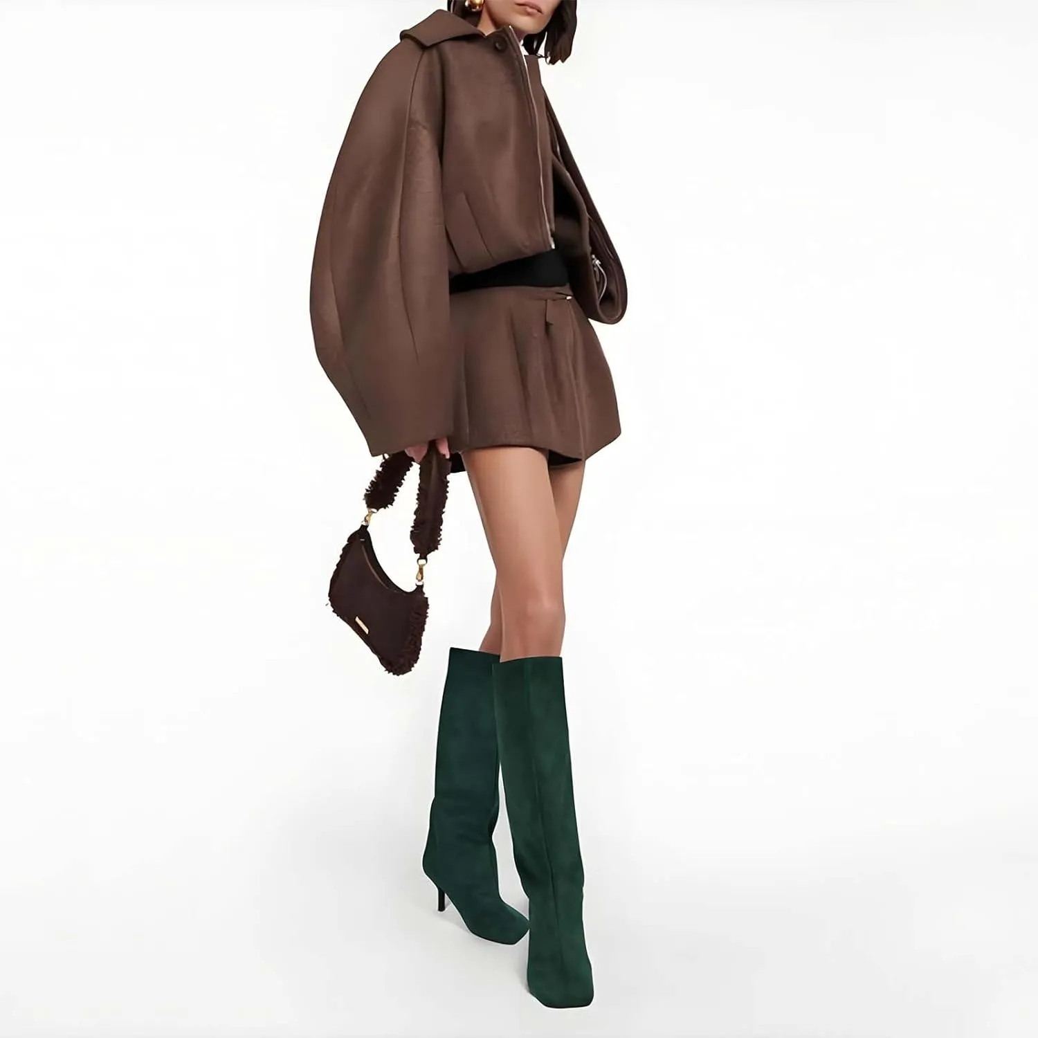 UBWDU Women's Suede Knee High Boots Square Toe Stiletto Heels Wide Calf Tall Boots