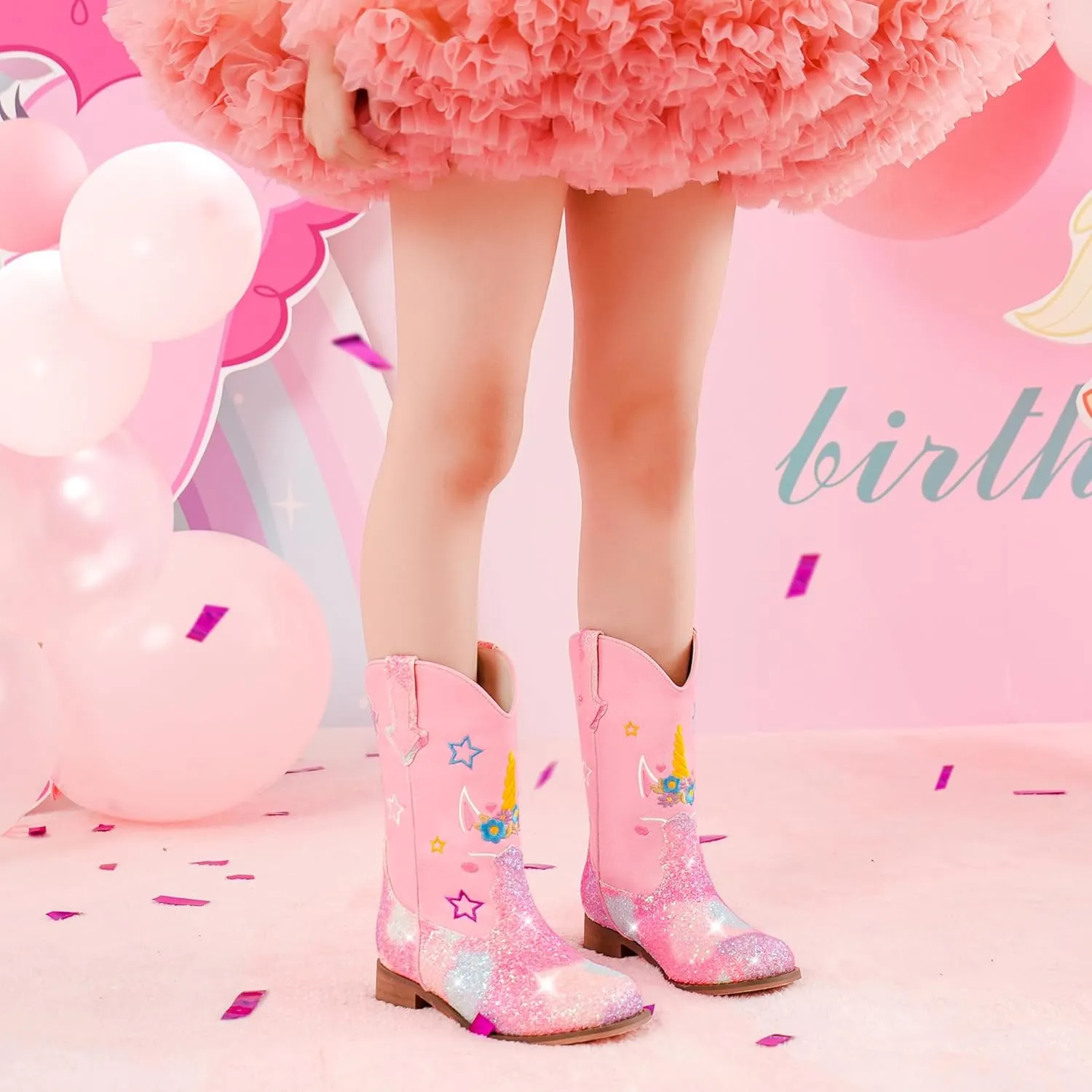 Unicorn Girls Cowgirl Boots Mid Calf Square Toe Glitter Toddler Western Cowboy Boot Little Kid Big Kid Riding Shoes Princess Dress Up Party Birthday Dance