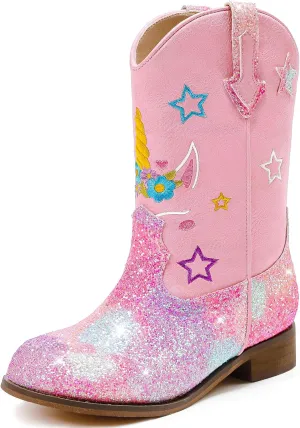Unicorn Girls Cowgirl Boots Mid Calf Square Toe Glitter Toddler Western Cowboy Boot Little Kid Big Kid Riding Shoes Princess Dress Up Party Birthday Dance