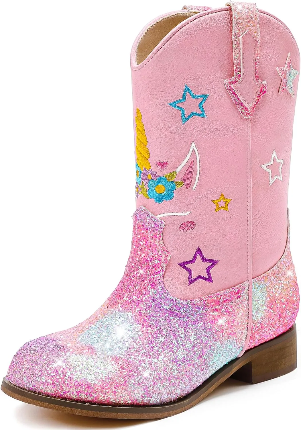 Unicorn Girls Cowgirl Boots Mid Calf Square Toe Glitter Toddler Western Cowboy Boot Little Kid Big Kid Riding Shoes Princess Dress Up Party Birthday Dance