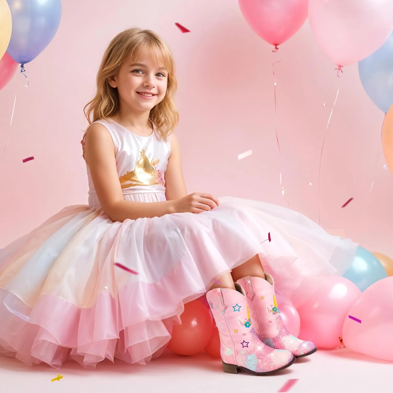 Unicorn Girls Cowgirl Boots Mid Calf Square Toe Glitter Toddler Western Cowboy Boot Little Kid Big Kid Riding Shoes Princess Dress Up Party Birthday Dance