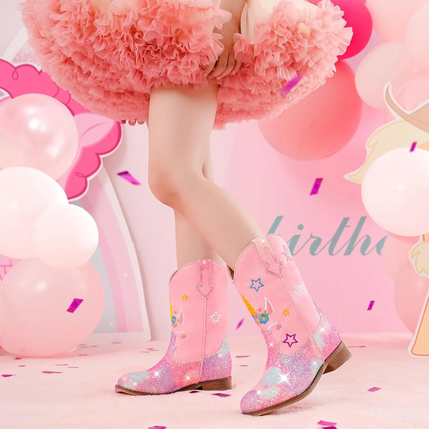 Unicorn Girls Cowgirl Boots Mid Calf Square Toe Glitter Toddler Western Cowboy Boot Little Kid Big Kid Riding Shoes Princess Dress Up Party Birthday Dance