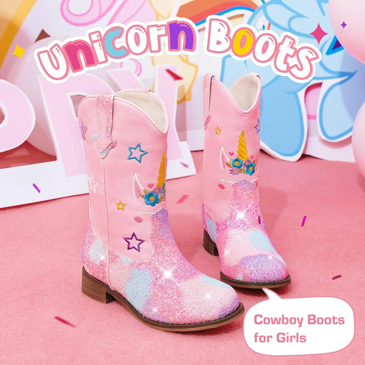 Unicorn Girls Cowgirl Boots Mid Calf Square Toe Glitter Toddler Western Cowboy Boot Little Kid Big Kid Riding Shoes Princess Dress Up Party Birthday Dance