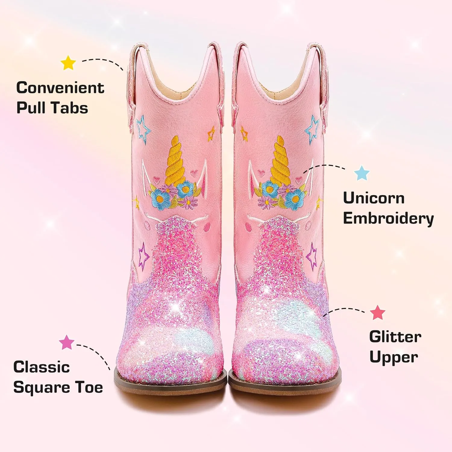 Unicorn Girls Cowgirl Boots Mid Calf Square Toe Glitter Toddler Western Cowboy Boot Little Kid Big Kid Riding Shoes Princess Dress Up Party Birthday Dance