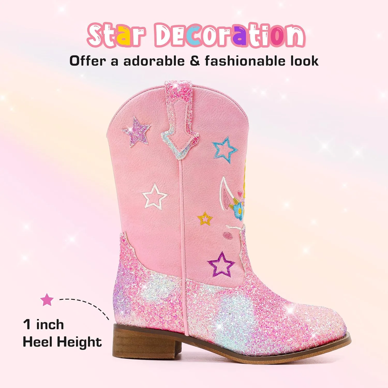 Unicorn Girls Cowgirl Boots Mid Calf Square Toe Glitter Toddler Western Cowboy Boot Little Kid Big Kid Riding Shoes Princess Dress Up Party Birthday Dance