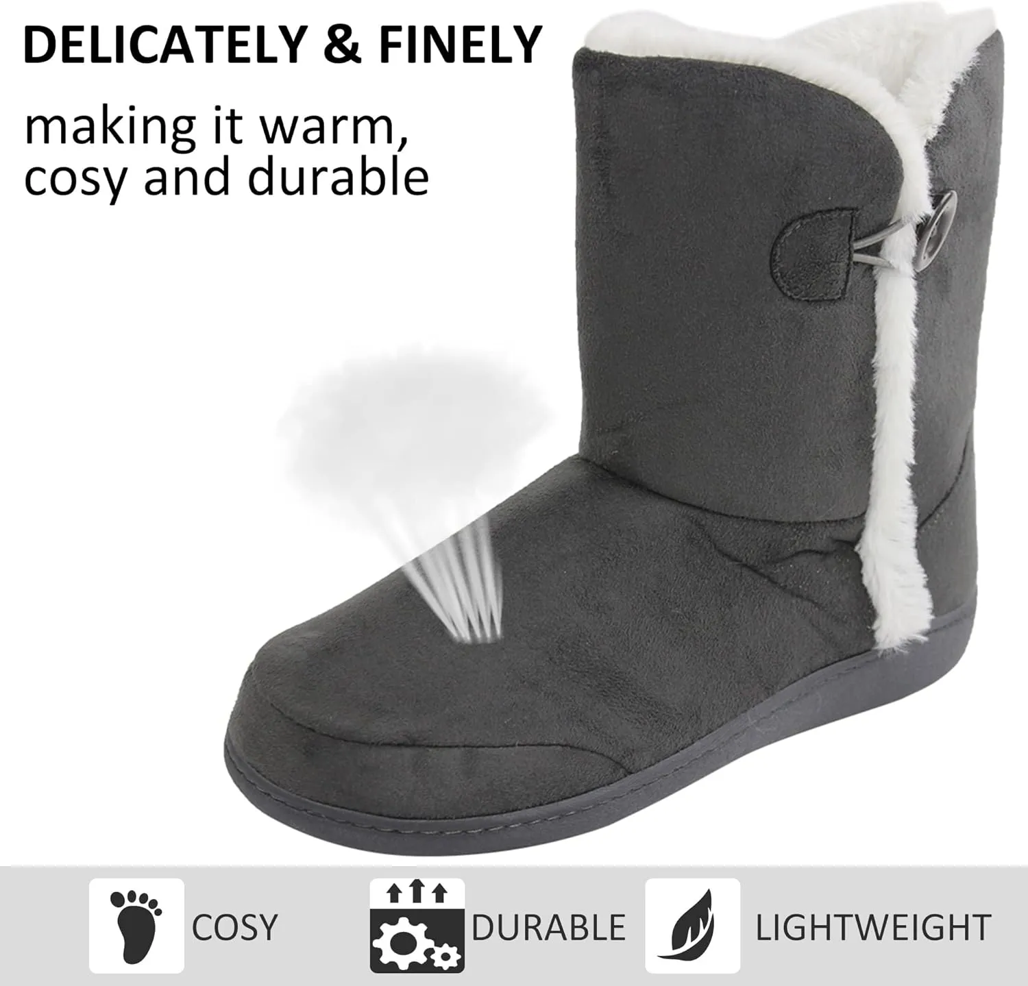 Unisex Warm Winter Memory Foam Button Slipper Boots for Women House Booties - Cozy Suede, Soft, Furry Footwear for Men