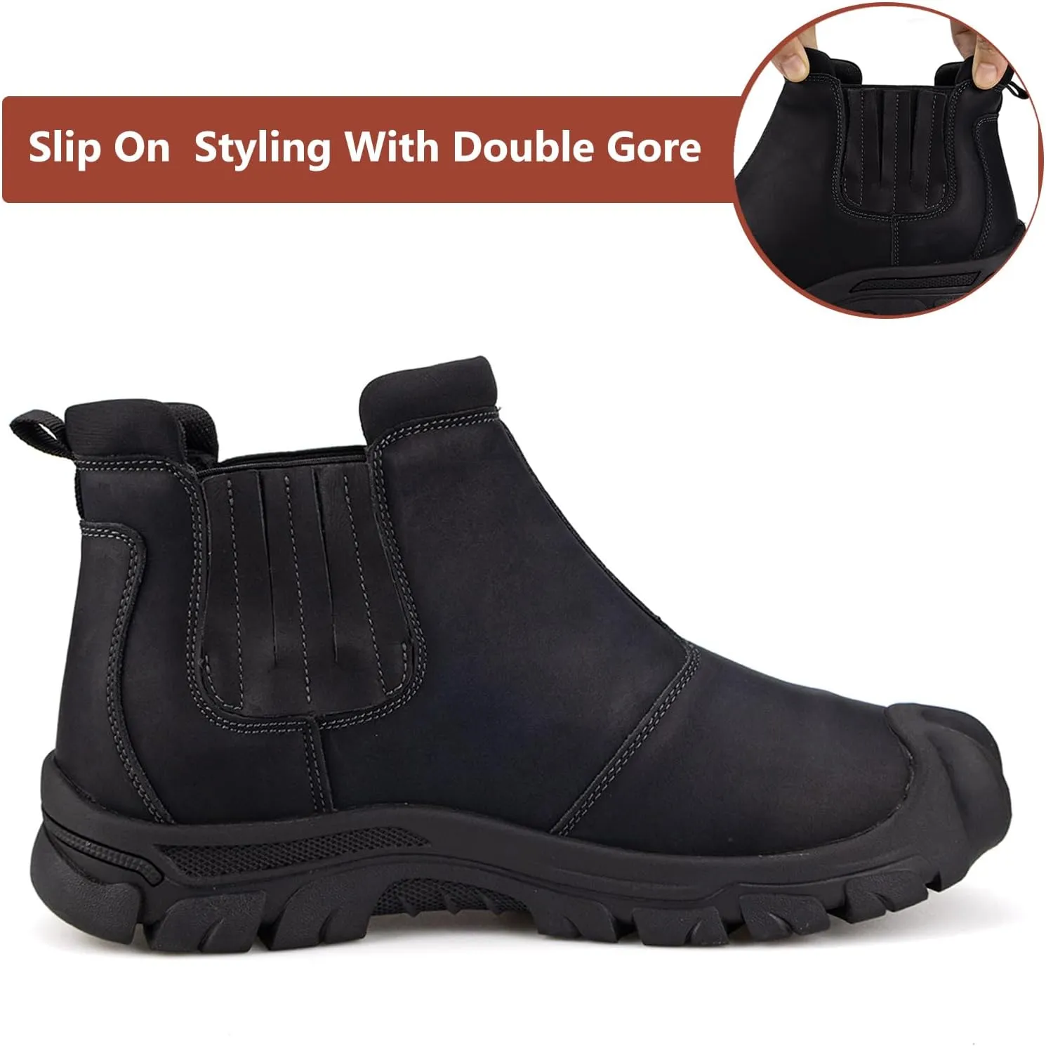 UPIShi Men's Waterproof Work Slip On Snow Boot Leather Outdoor Walking Hiking Casual Shoes