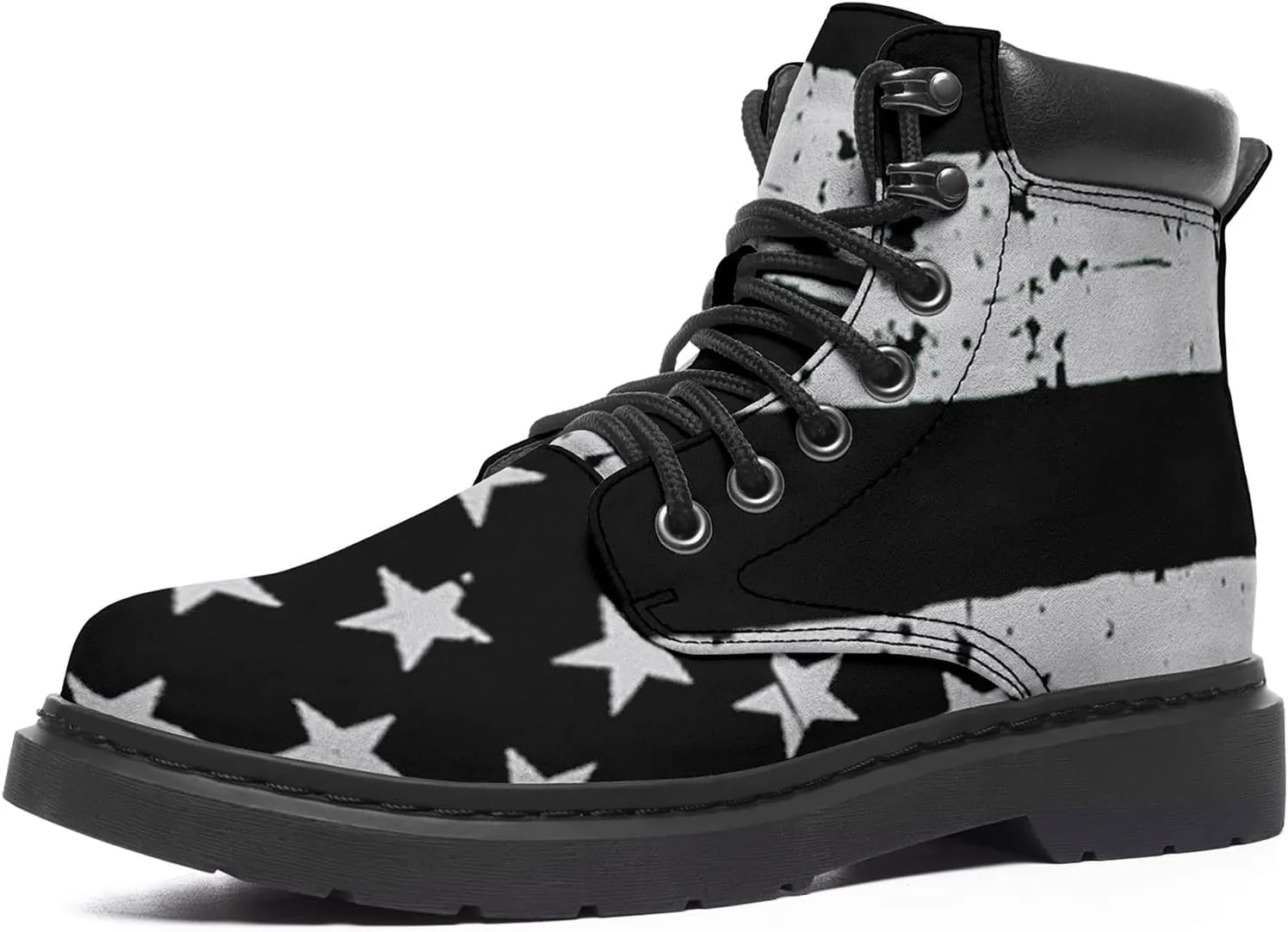 USA Flag American Patriotic Boots, Custom Bike Booties with Name, Stars Stripes Lace up Leather Ankle Combat Boot for Women Men