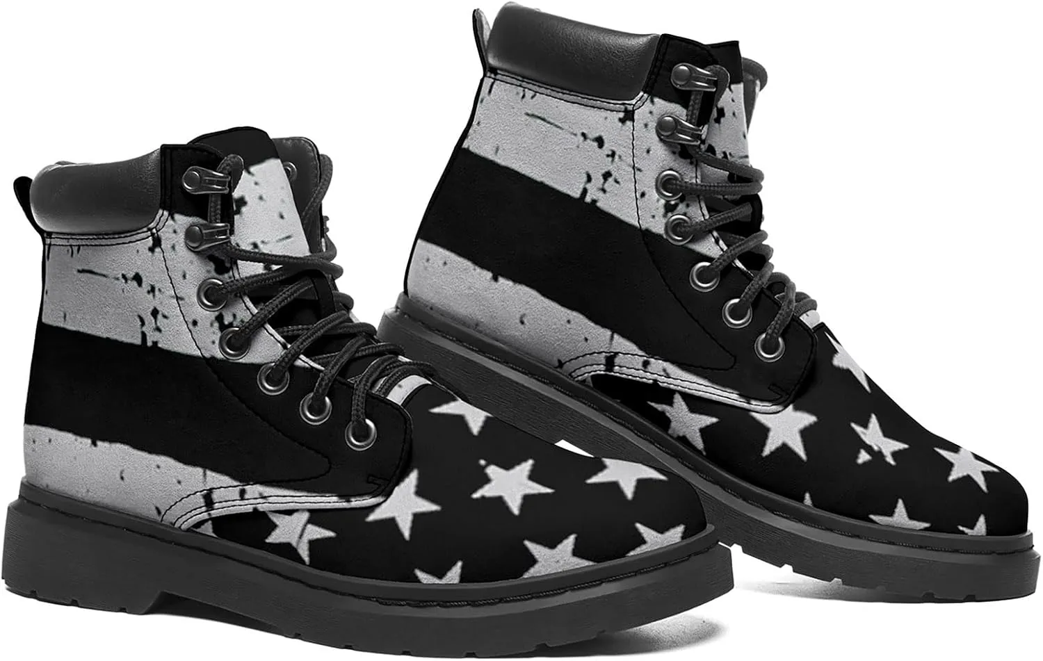 USA Flag American Patriotic Boots, Custom Bike Booties with Name, Stars Stripes Lace up Leather Ankle Combat Boot for Women Men