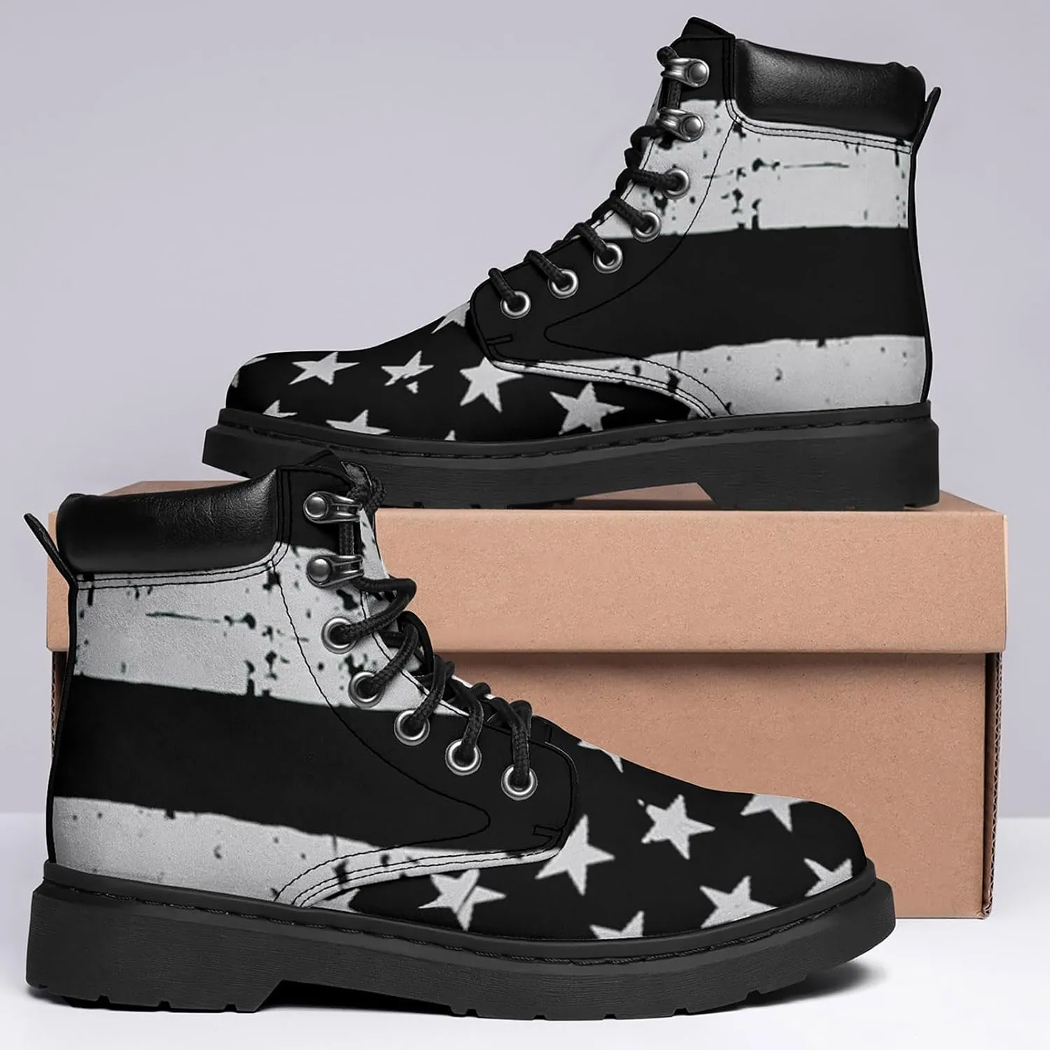 USA Flag American Patriotic Boots, Custom Bike Booties with Name, Stars Stripes Lace up Leather Ankle Combat Boot for Women Men