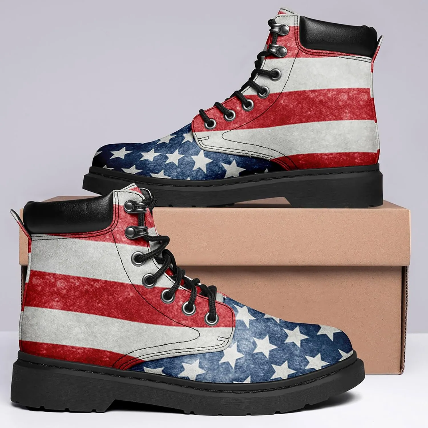 USA Flag American Patriotic Boots, Custom Bike Booties with Name, Stars Stripes Lace up Leather Ankle Combat Boot for Women Men