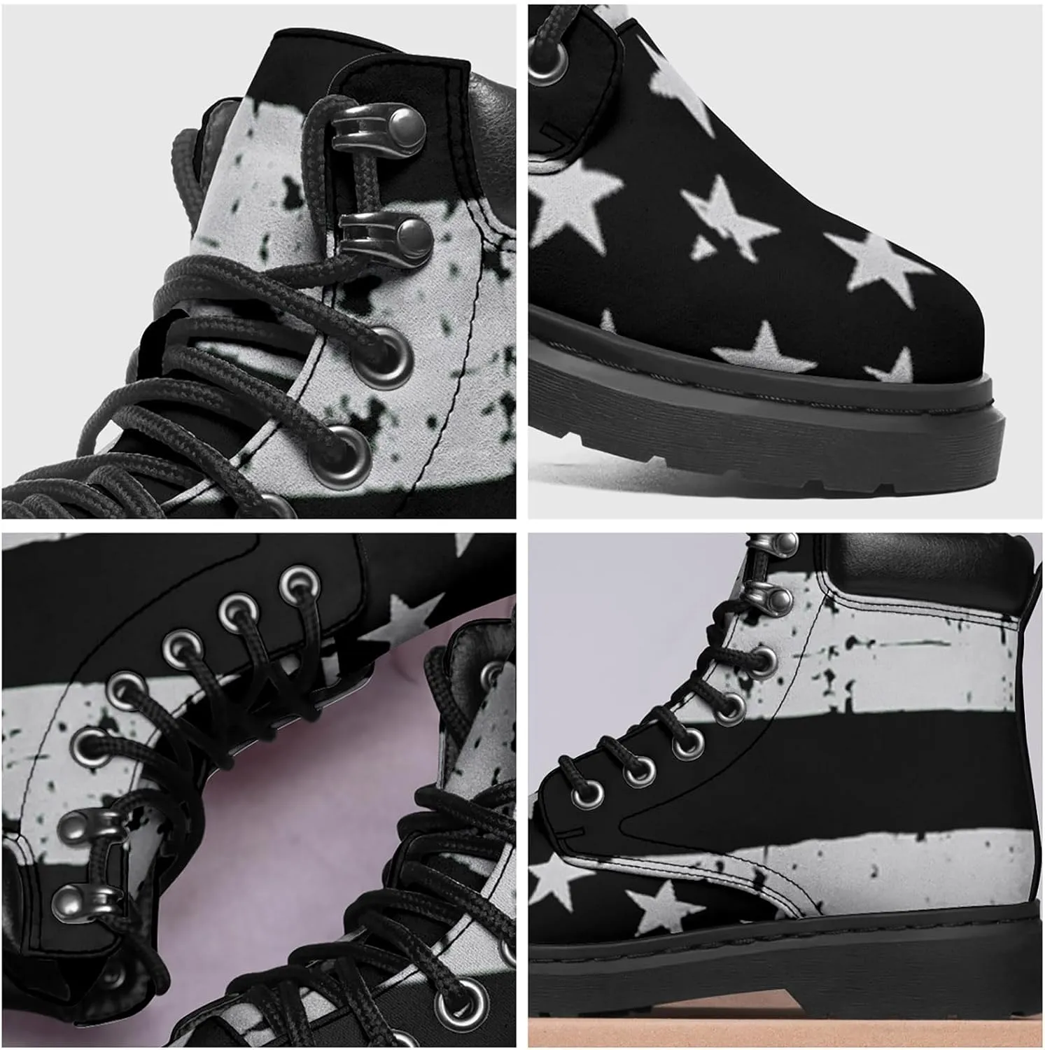USA Flag American Patriotic Boots, Custom Bike Booties with Name, Stars Stripes Lace up Leather Ankle Combat Boot for Women Men
