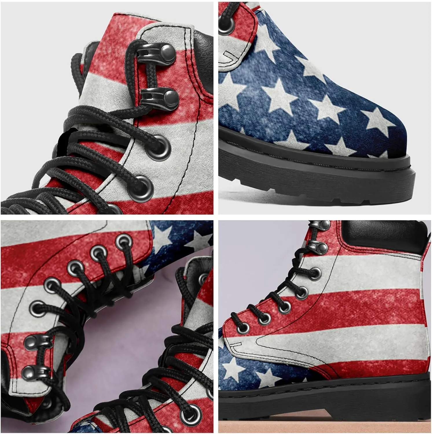 USA Flag American Patriotic Boots, Custom Bike Booties with Name, Stars Stripes Lace up Leather Ankle Combat Boot for Women Men