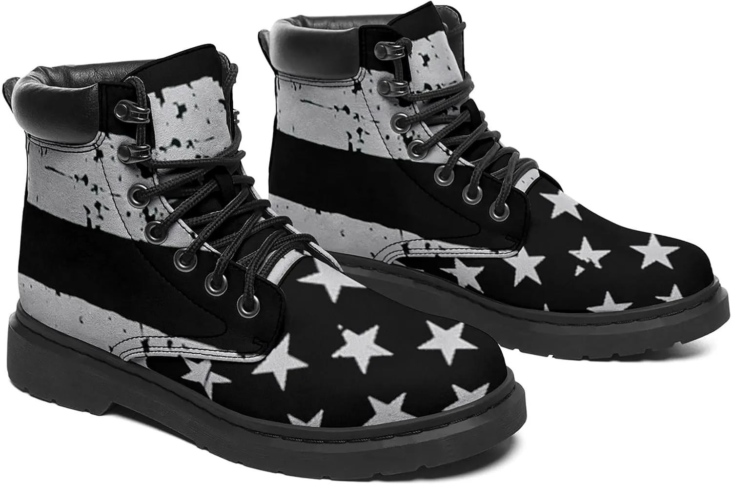 USA Flag American Patriotic Boots, Custom Bike Booties with Name, Stars Stripes Lace up Leather Ankle Combat Boot for Women Men