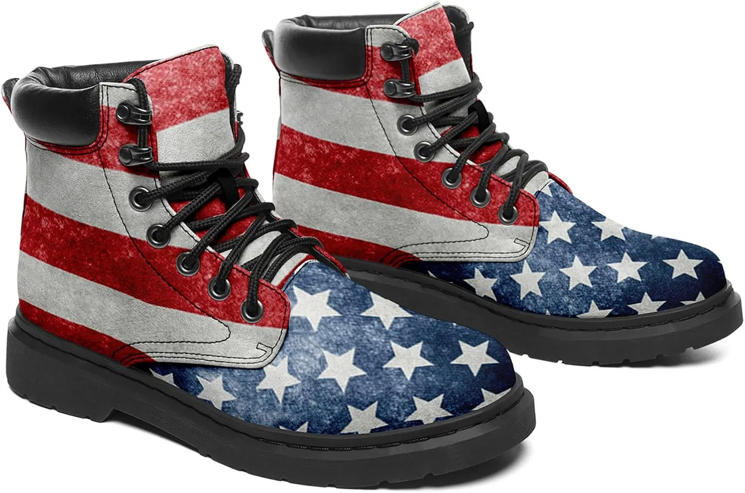 USA Flag American Patriotic Boots, Custom Bike Booties with Name, Stars Stripes Lace up Leather Ankle Combat Boot for Women Men